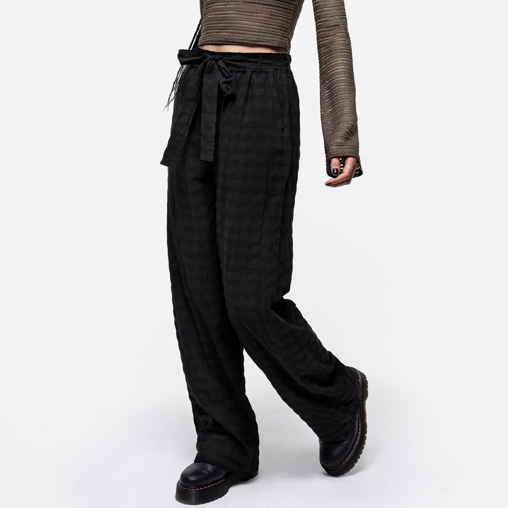 Black Textured Wide Leg Pants with Tie Waist